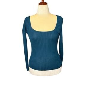 NWT Vince Teal Ribbed Wool Scoop Neck Long Sleeve Top - Medium